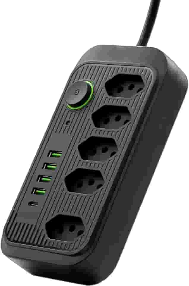 Filtro de Linha, Extensão Tomada, Régua Tomada, Régua de Energia (5 Tomadas + 4 USB + 1 USB-C) – Extensão Elétrica Bivolt 110–220V com Cabo de 2 m | Ideal para Casa, Escritório e Home Office