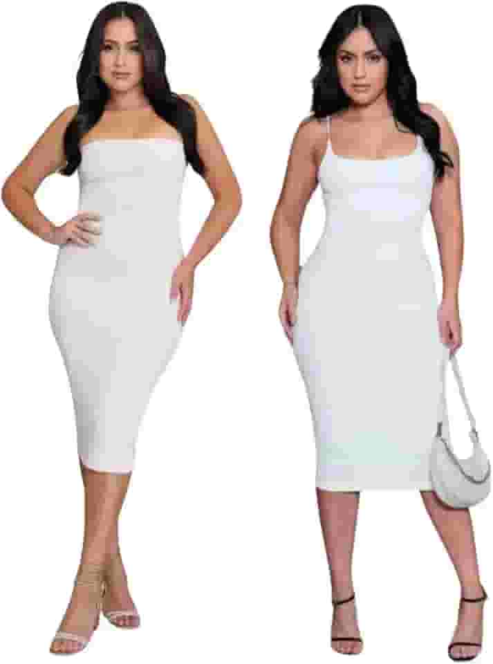 Vestidos midi femininos Verde Tamanho P Kit 2 Vestido Midi Com Alça E Tomara Que Caia Tecido Grosso Confortável