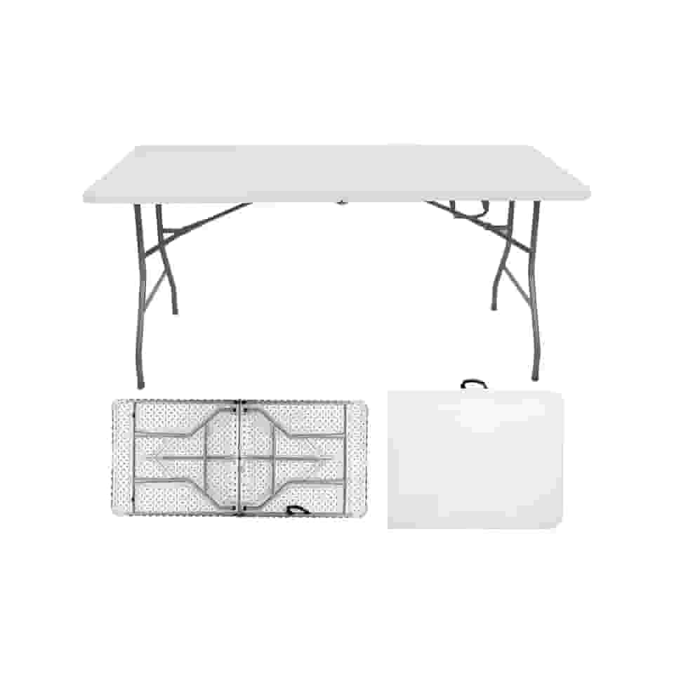 Mesa Retangular dobrável ao meio 1,80m - vira maleta para Festa Camping Churrasco Jardim Pesca