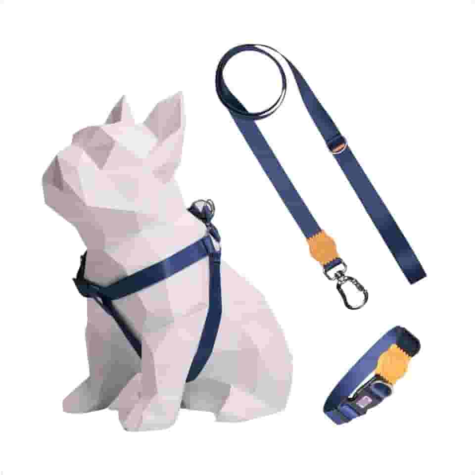 Kit Peitoral Americano Para Cachorro + Coleira + Guia De Passeio Ajustável (Azul Escuro/Laranja, PP)