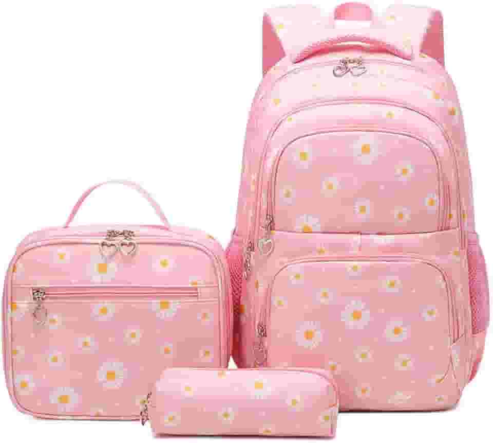 Conjunto de Mochila Escolar Feminina com Estampa de Margarida - 3 Peças com Bolsa de Almoço e Estojo de Lápis