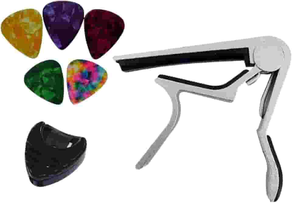 Capotraste Pestana Braçadeira Violão Guitarra Ukulele + Porta Palhetas + 5 Palhetas (Prata)