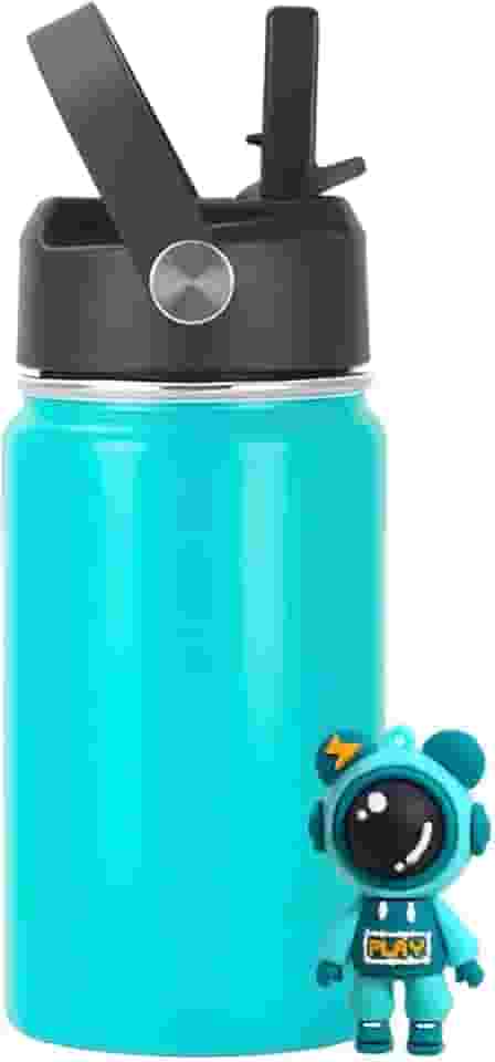 Garrafa Térmica Infantil Inox 350ml com Canudo, Alça e Antivazamento | Acompanha Chaveiro 3D (Verde Água)