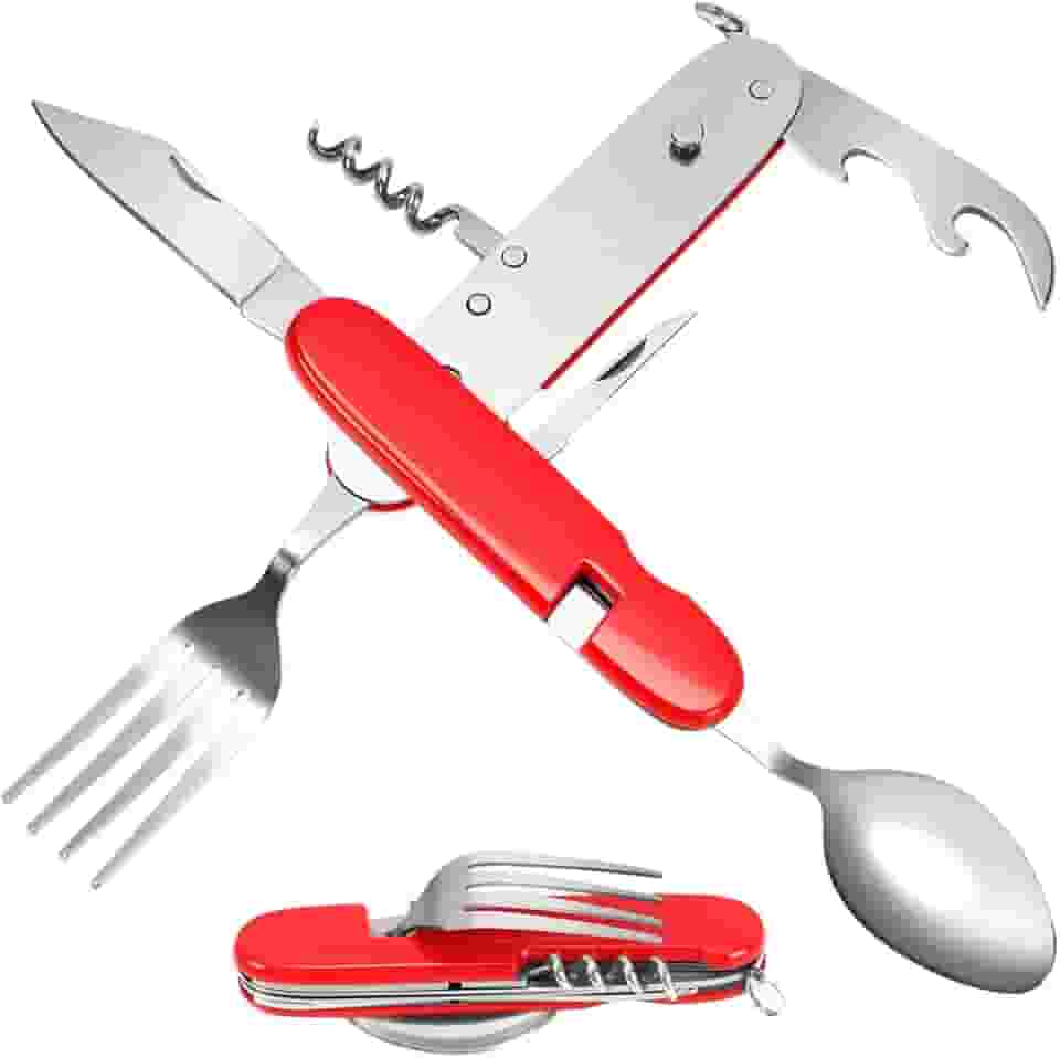 Conjunto de Talheres, Canivete Suiço 6 em 1(25 * 2,3cm), Canivete Multifuncional com Abridor de Garrafa, Alicate, Colher, Faca, Garfo, Aço Inoxidável, Portátil, para Viagens e Acampamentos
