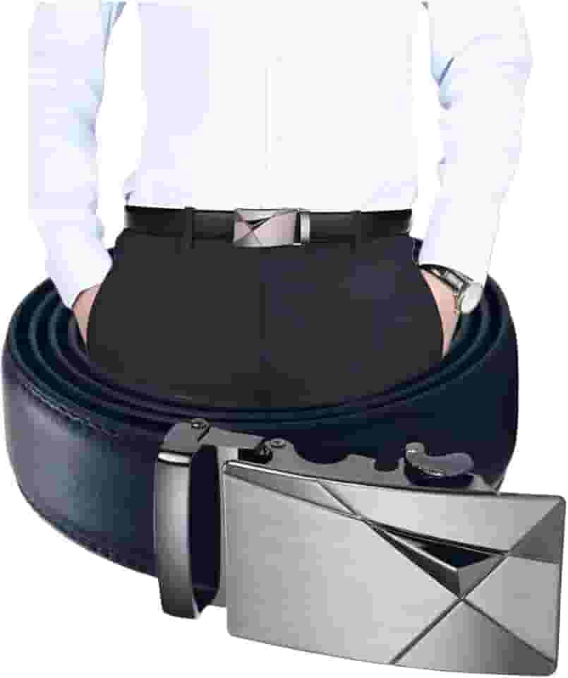 Cinto Social Masculino em Couro com Fivela Automática Geométrica, Design Moderno, Preto