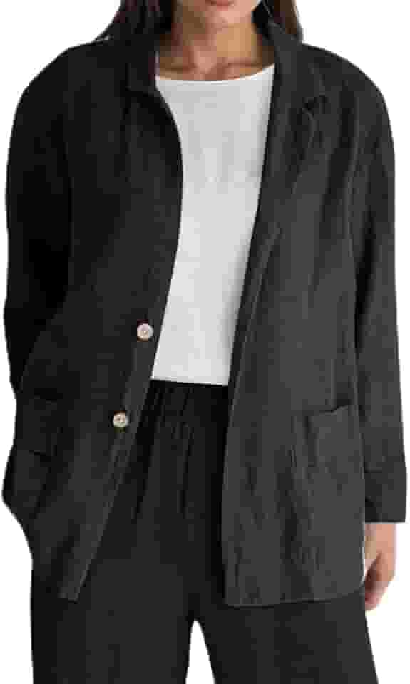 Blazer feminino leve, casual, de algodão, manga comprida, com botões, ajuste solto, para trabalho, escritório, com bolsos