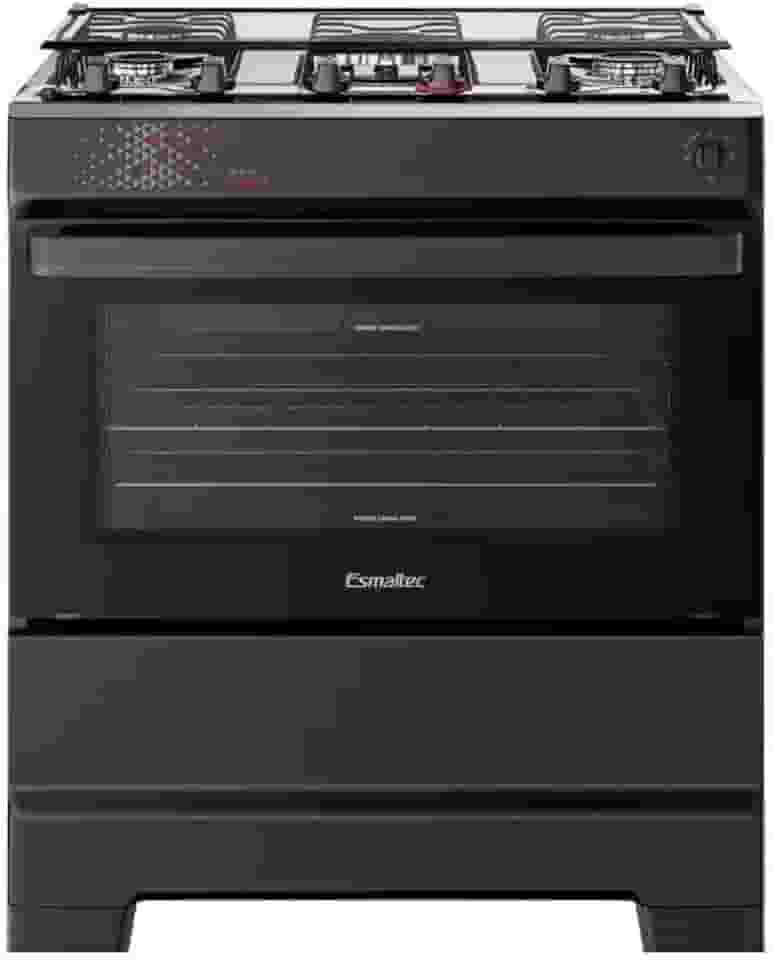 Fogão Esmaltec 5 Bocas Ideal Master Mesa Inox Tampa de Vidro Forno 84 Litros Preto T5ITP Bivolt