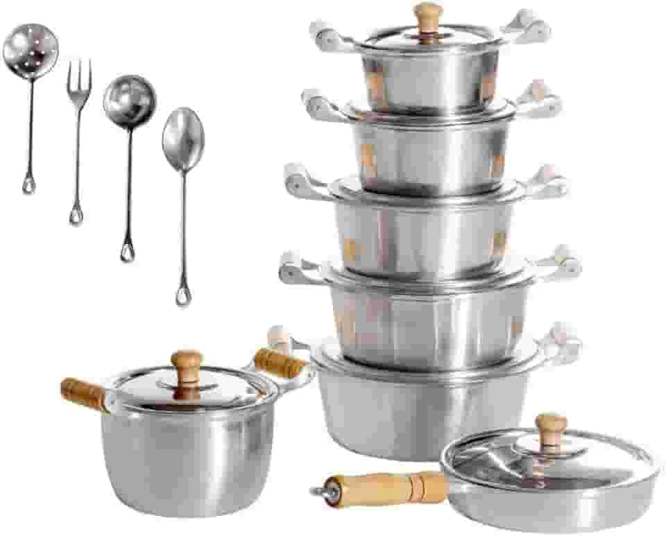Conjunto 5 Panelas Alumínio Batido 16 a 24, Frigideira 20, Caldeirão 16 Com 4 Talheres - 11 Peças