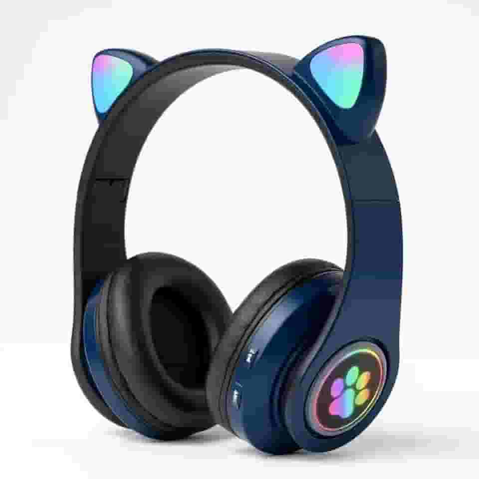 Fone de Ouvido Infantil Bluetooth com Orelhas de Gato, Luzes RGB, Dobrável, Ajustável, Conforto Prolongado e Conectividade Multiuso (Azul)
