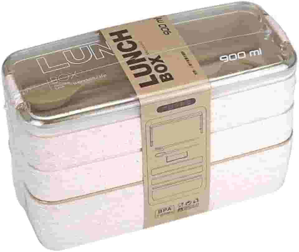 Marmita/Lancheira Japonesa (Bento) Com 3 Compartimentos e Talheres 900ml (Bege)