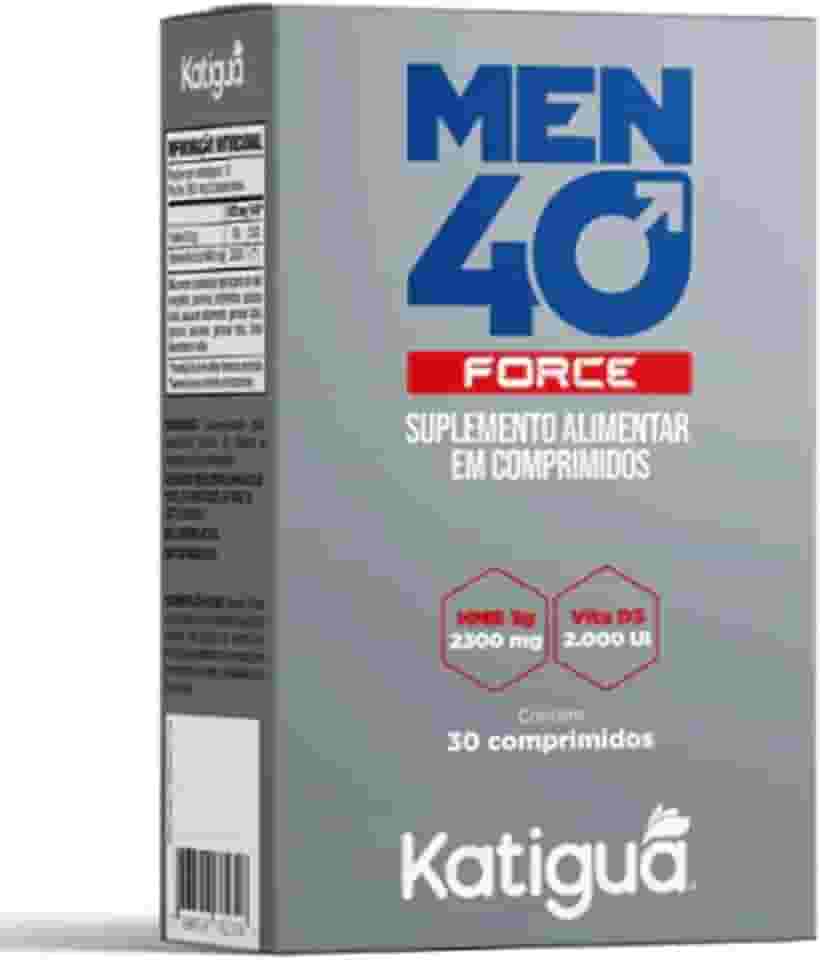 Katiguá, Men 40 Force, HMB 2300 MG + Vitamina C 2000 UI, Sem sabor, Para Homens, 30 Cápsulas rígidas • 10 doses, Cinza