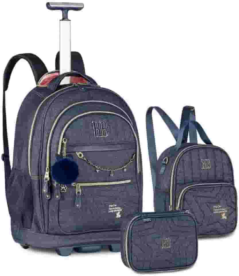 Kit Mochila Carrinho Estojo Lancheira Rebecca Bonbon Jeans