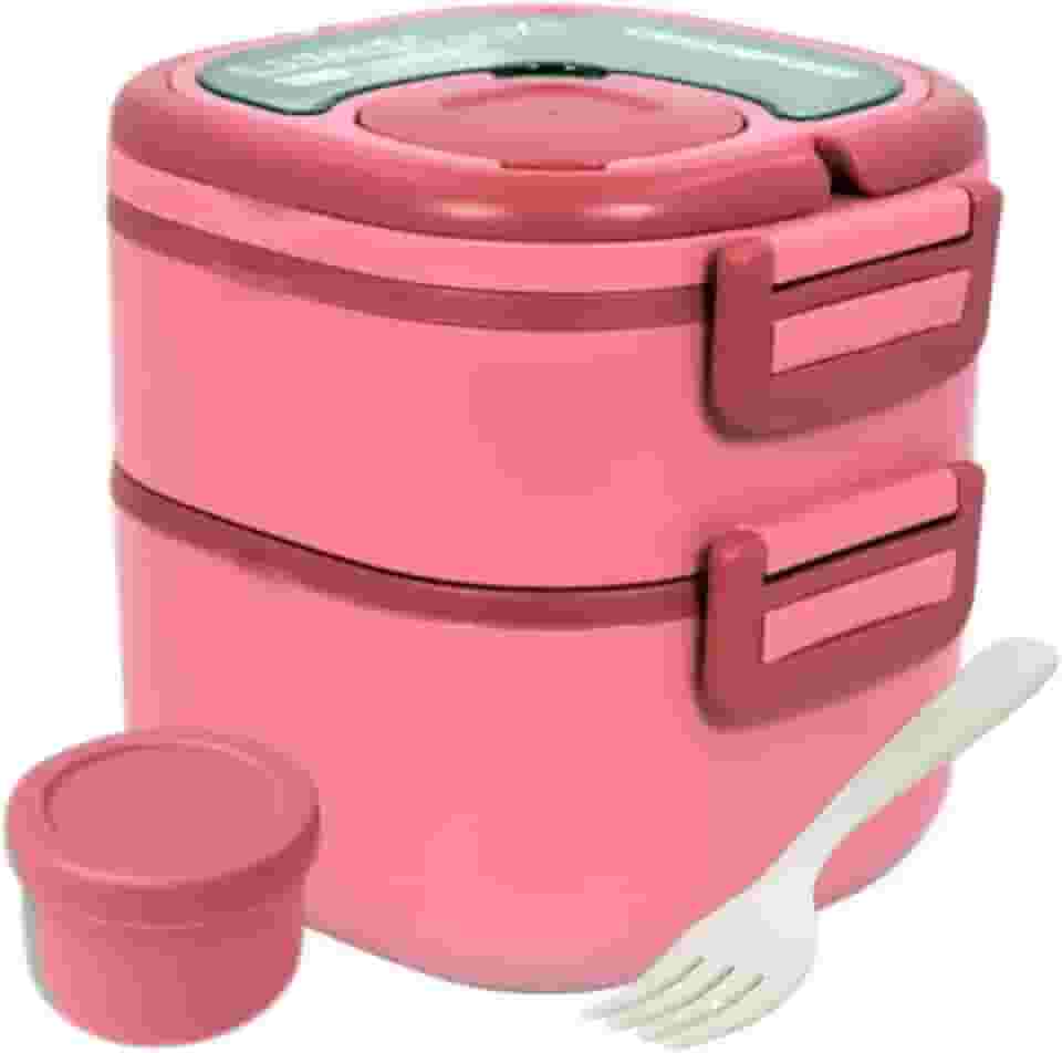 Marmita Dupla Premium - Com Talher e Compartimento para Molho + Cartela de Adesivos 3D - Prática, Leve e Portátil (ROSA) - MJ BRANDS