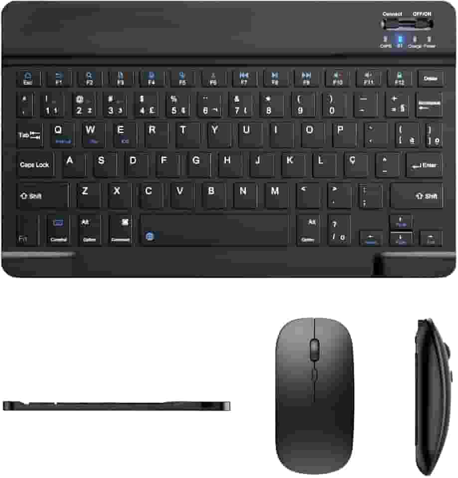 Teclado E Mouse Bluetooth Recarregáveis – Design Slim, Silencioso E Ergonômico Para Escritório E Casa Para Computador, Tablet E Laptop Ipad | Kit Premium Sem Fio 2 Em 1 (Preto)