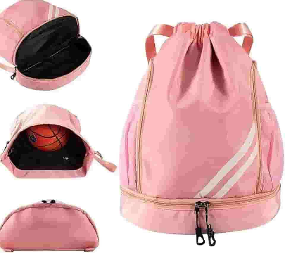 Mochila Esportiva com Cordão Impermeável, Separação Seca e Úmida, Grande Capacidade, Bolsos Laterais em Malha, Ideal para Academia, Viagem e Esportes – Com Listras
