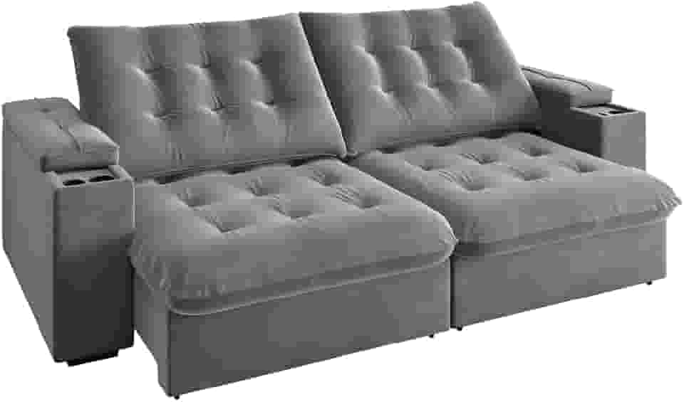 Sofá Retrátil e Reclinável 3 Lugares 2,30m com Porta Copos Veludo New Coliseu Cinza Selmer