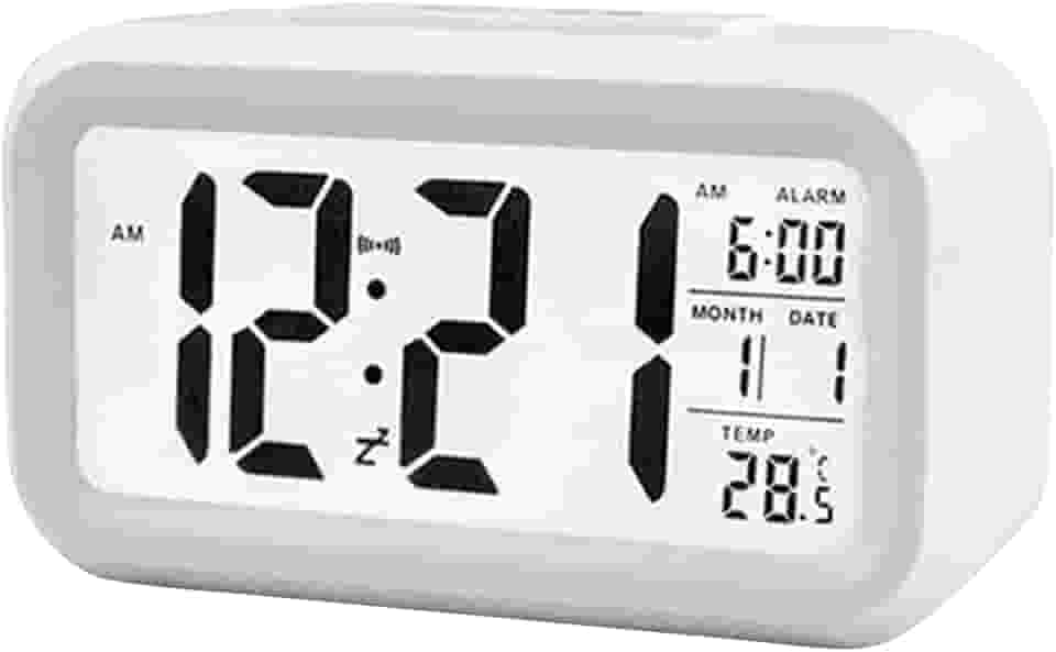 Henniu Relógio de Mesa Despertador digital inteligente com botão de soneca de data e temperatura na parte superior retangular operado por bateria com luz noturna para quarto Crianças - Branco