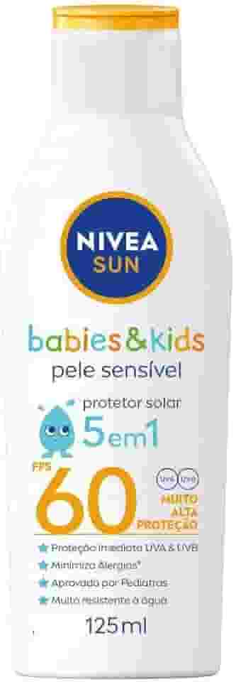 NIVEA SUN Protetor Solar Kids & Babies Pele Sensível FPS 60 125ml - Infantil, muito alta proteção UVA/UVB, minimiza o surgimento de alergias, muito resistente à água com proteção imediata