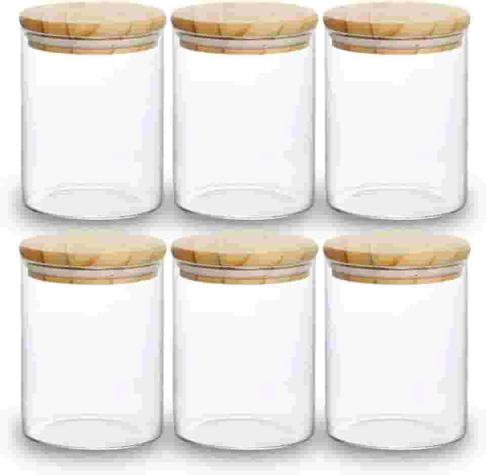 Kit 06 Potes de Mantimentos Herméticos 300ml Pote Redondo de Vidro Tampa De Bambu Premium