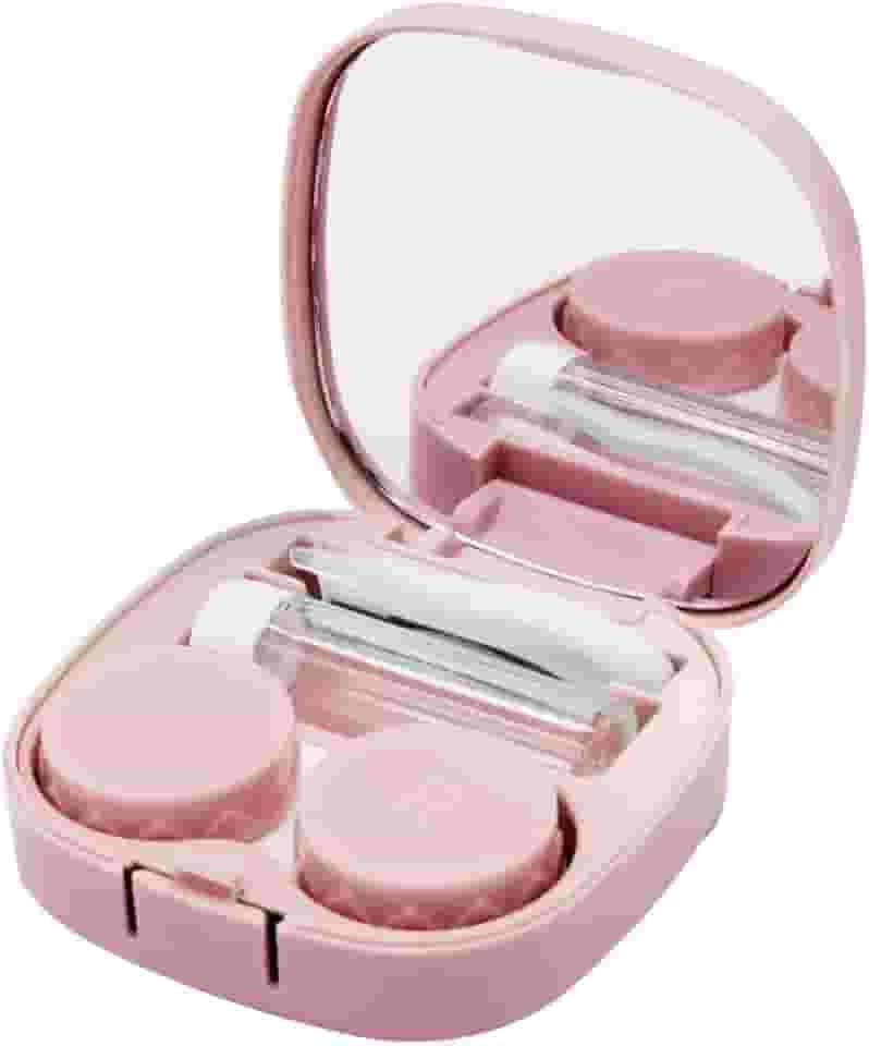 Estojo de lente de contato com aplicador de tamanho de viagem, kit de ferramentas de remoção com espelho e frasco de solução (rosa)