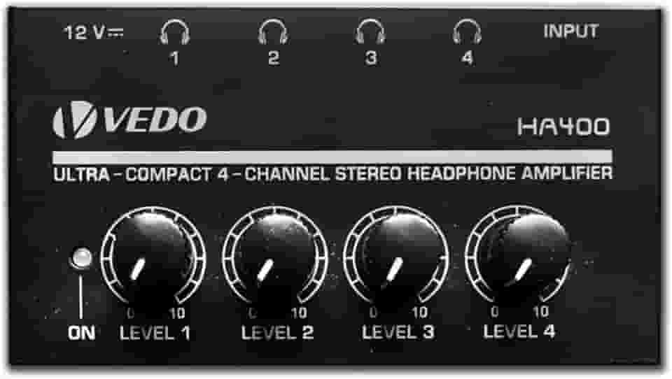HA400 amplificador de fone de ouvido -4 canais amplificador de áudio estéreo de metal, 12V 1A, saída de fones de ouvido TRS de 1/4 'e entrada de áudio TRS para estágio de estúdio de guitarra de PC