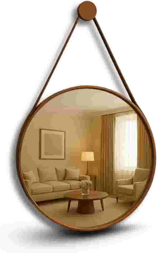 Espelho Decorativo Redondo Adnet Suspenso com Alça Costurada em Couro Ecológico para Banheiro Quarto Sala (Caramelo/50cm)