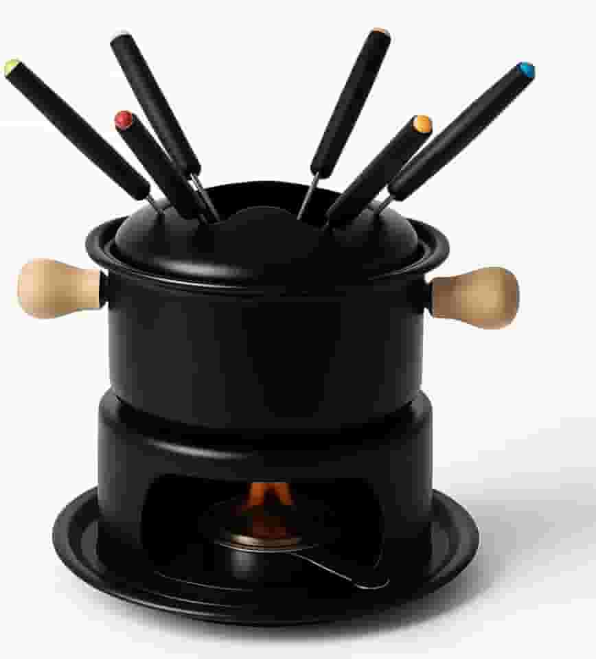 Conjunto de Fondue em Aço Inoxidável, Preto Fosco, 6 Garfos com Identificadores Coloridos, Base com Queimador, Alças em Madeira, para Queijo, Chocolate e Carnes
