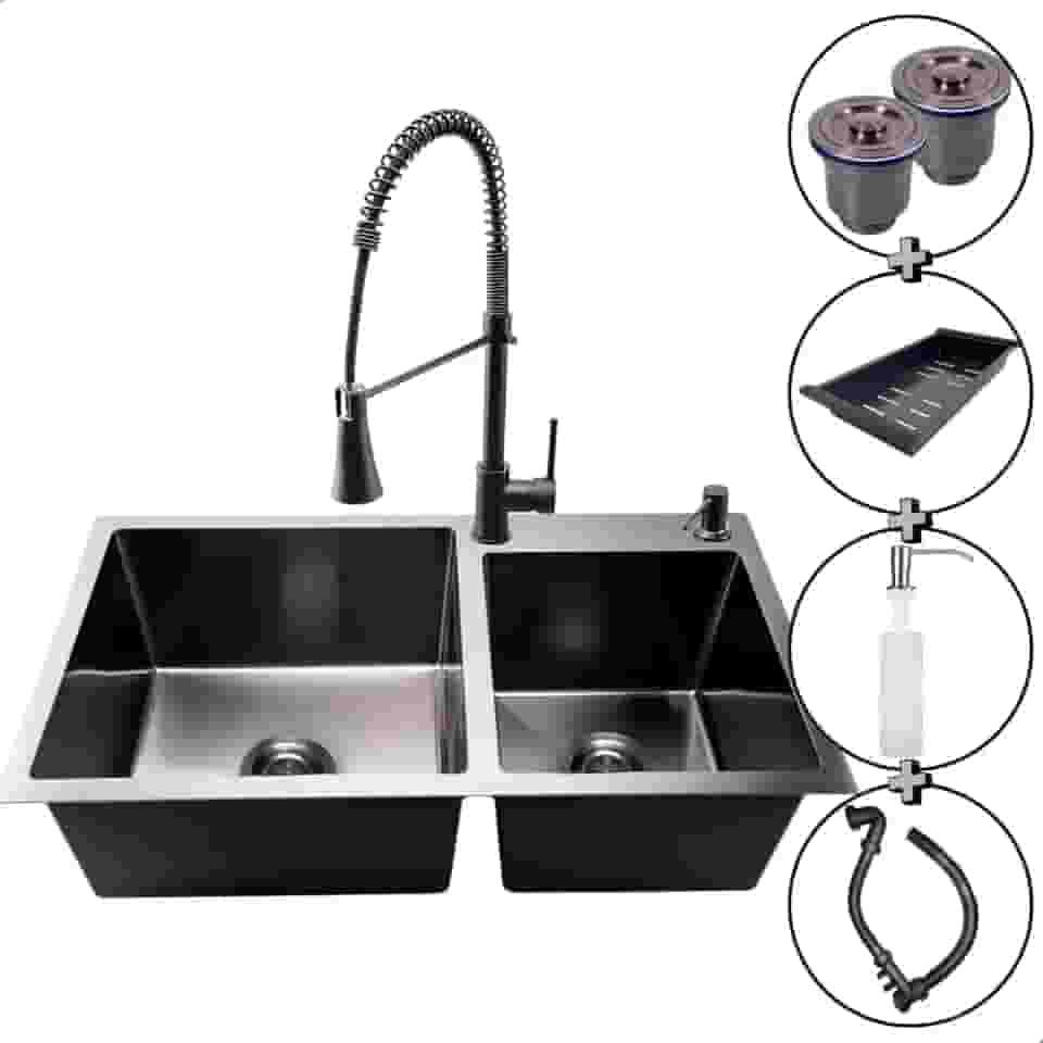 Cuba Gourmet Dupla Preta para Cozinha SOFTINOX 78x43 - Kit Completo com Torneira Monocomando e Acessórios para Pia Gourmet