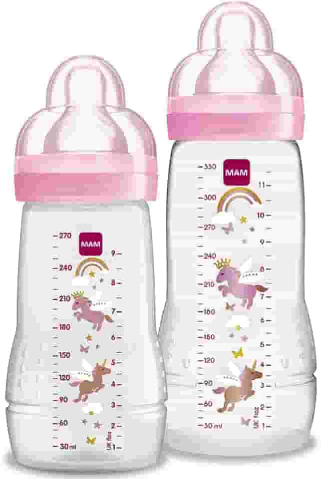 MAM Baby Kit 2 Mamadeiras Easy Active Set, 270ml e 330ml Com Formato Ergonômico e Fácil de Segurar para Crianças 2+ Meses com Bico de Silicone Skinsoft, Rosa