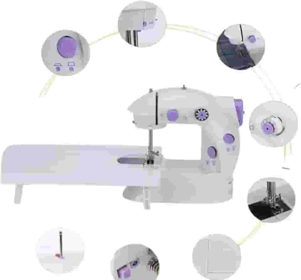 Mini Máquina de Costura Portátil, 2 Velocidades, Bivolt, Compacta com Pedal, Branca e Lilás