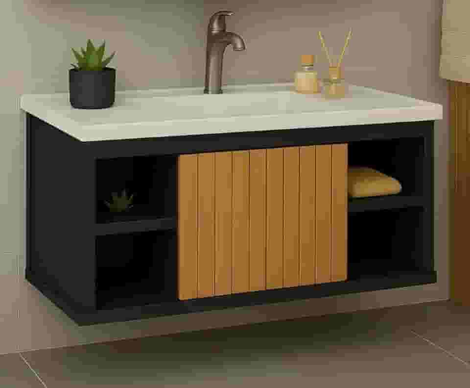 Gabinete Com Cuba Suspenso para Banheiro Nichos Com Porta Completo (Preto Ripado)