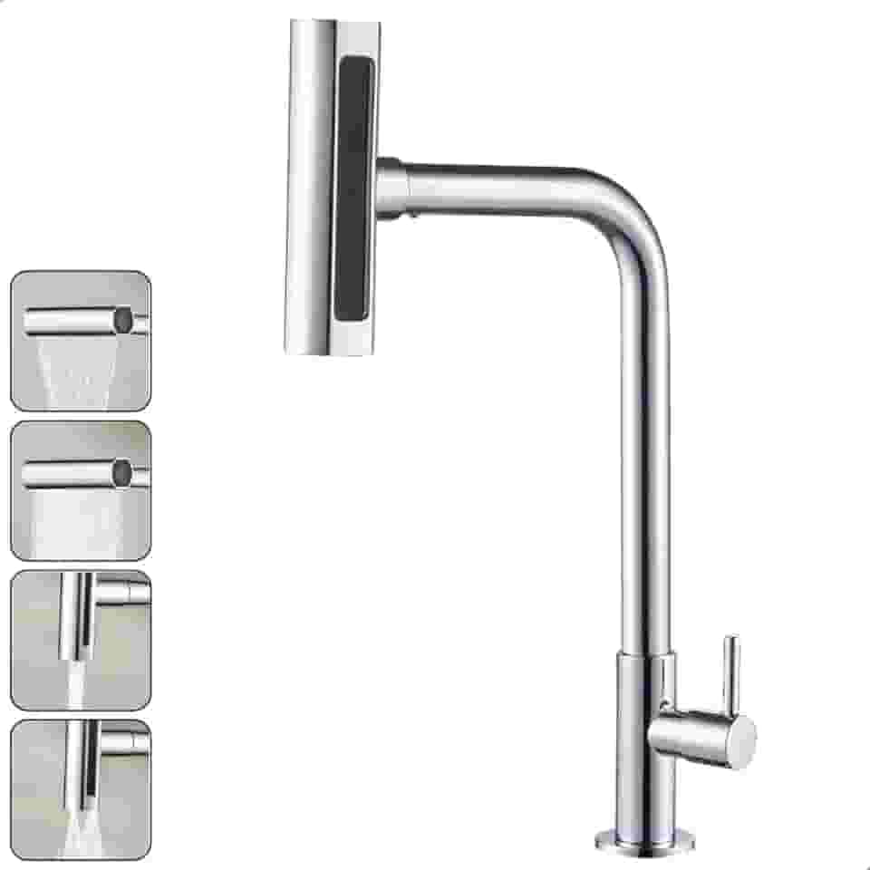 SOFTINOX Torneira Gourmet Aço Inox 4 Jatos Rotativa para Cozinha – Bica 360°, Instalação em Bancada/Parede, Metal Cromado, 1/4 de Volta, Funções Cascata/Chuveirinho/Spray/Concentrado