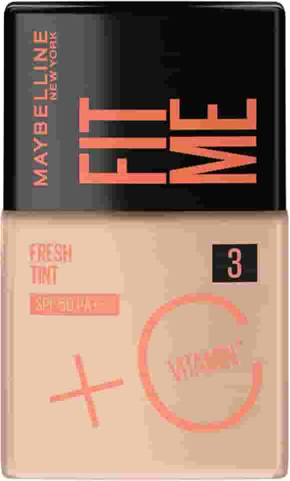 Maybelline NY Fit Me Fresh Tint Base Líquida, Proporciona Efeito Glow Natural, Controla a Oleosidade e Uniformiza a Pele com Vitamina C e FPS 50, Cor 03, 30ml