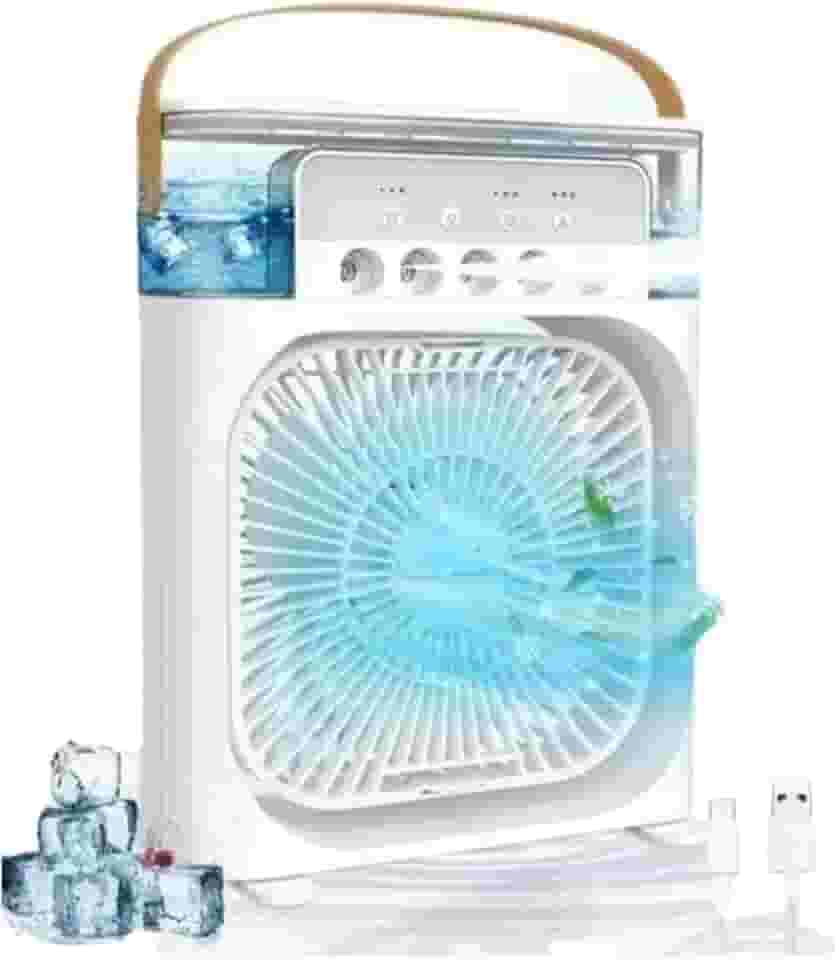 Ventilador de Mesa Portátil Led 4 em 1 Mini Ar Condicionado Umidificador Aromatizador Climatizador Água Gelo 3 Velocidades 5 Spray USB