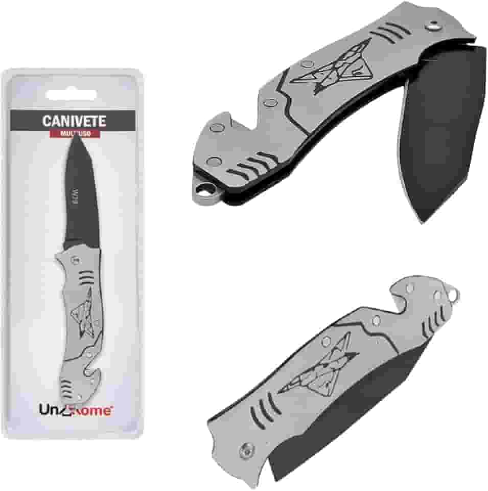 Canivete Multiuso Aço Inox Retrátil Dobrável Portátil 17cm - Cinza