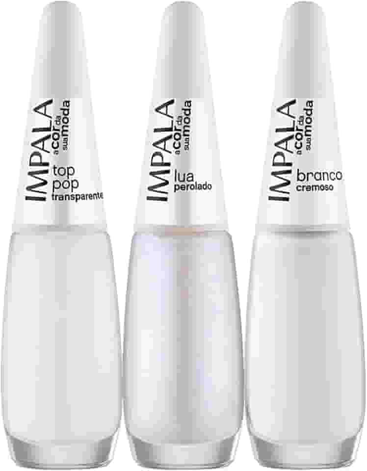 IMPALA Kit Francesinha, 3 Esmaltes 7.5ml, Top Pop Transparente, Lua Perolado, Branco Cremoso, para Manicure Profissional