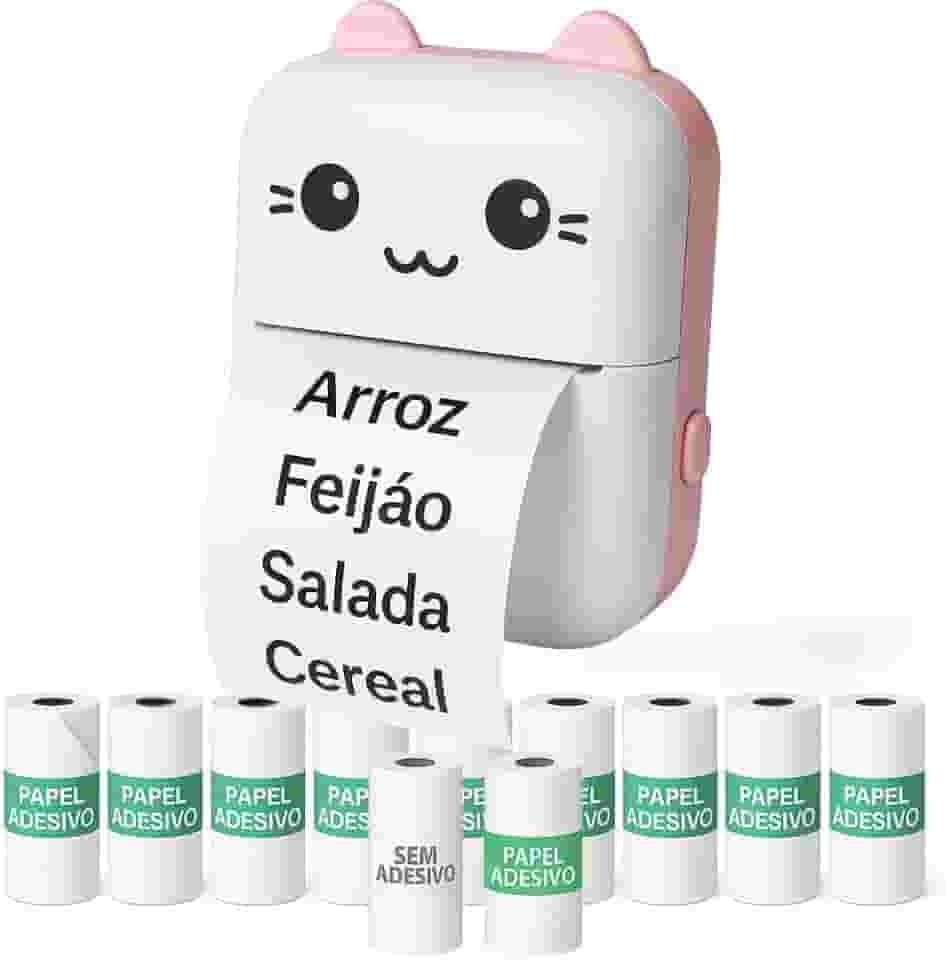 Mini impressora térmica portátil (Rosa) sem fio 200dpi + 10 rolos papel adesivo térmico e 1 rolo comum 57 * 30mm impressão bluetooth para fotos scanners, etiquetas