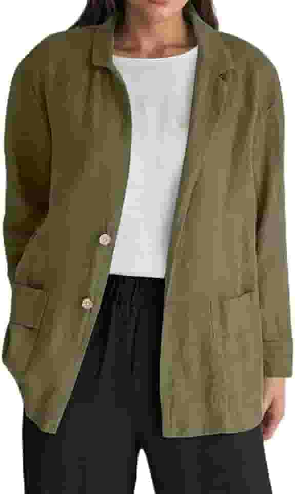 Blazer feminino leve, casual, de algodão, manga comprida, com botões, ajuste solto, para trabalho, escritório, com bolsos
