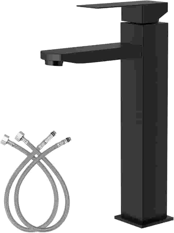 Torneira de Cascata Alta Aço Inoxidável Manípulo Único para Banheiro Torneira para Lavatório com 2 Linhas de Abastecimento de Agua (Preto)