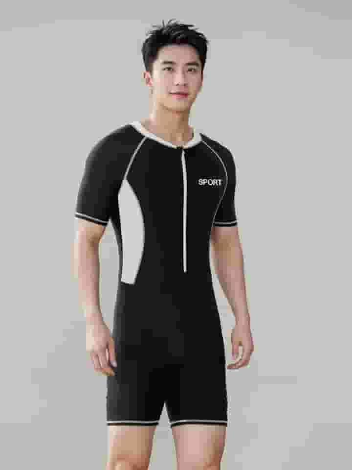Traje de banho masculino de uma peça com proteção solar: roupa de mergulho de manga curta com zíper com cobertura FPS, ajuste slim, acabamento contrastante