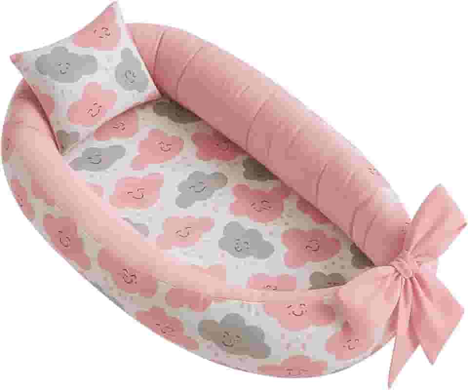 Ninho redutor de berço bebê percal 100% algodão + Almofada Anatomica Estampada Unissex (Nuvem Rosa)
