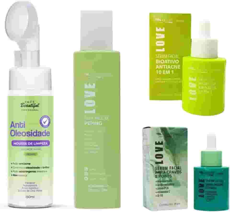 Max Love Kit Skincare Facial Vegano, Água Micelar Pepino 290ml, Sérum Antiacne 10 em 1, Sabonete Antioleosidade, Sérum para Cravos e Poros