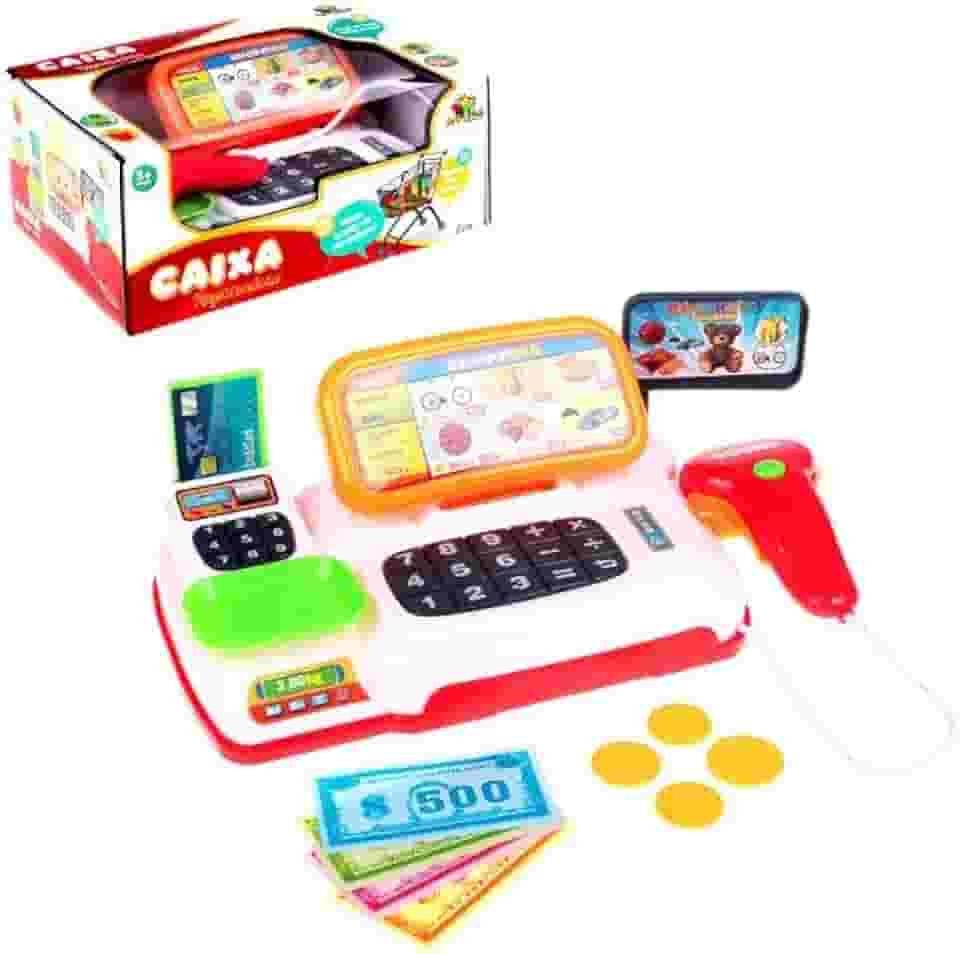 Caixa Registradora Infantil Com Som E Luz Mini Mercadinho Cor Branco Com Vermelho