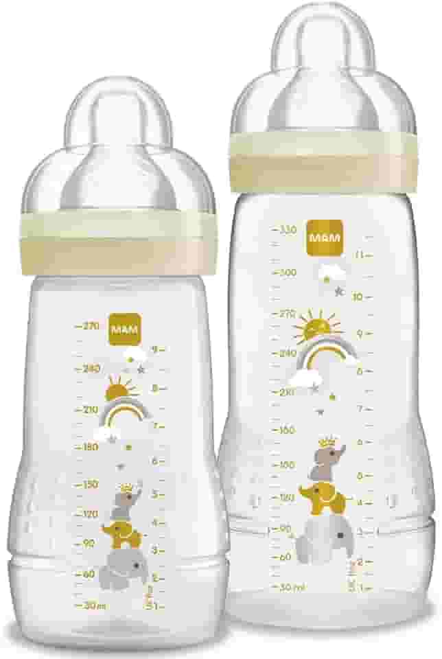 MAM Baby Kit 2 Mamadeiras Easy Active Set, 270ml e 330ml Com Formato Ergonômico e Fácil de Segurar para Crianças 4+ Meses com Bico de Silicone Skinsoft, Neutra