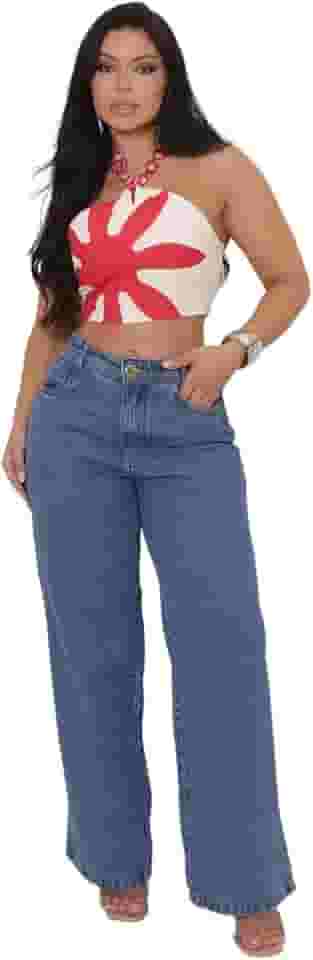 Calça Feminina Jeans Wide Leg Pantalona Algodão Lisa Básica