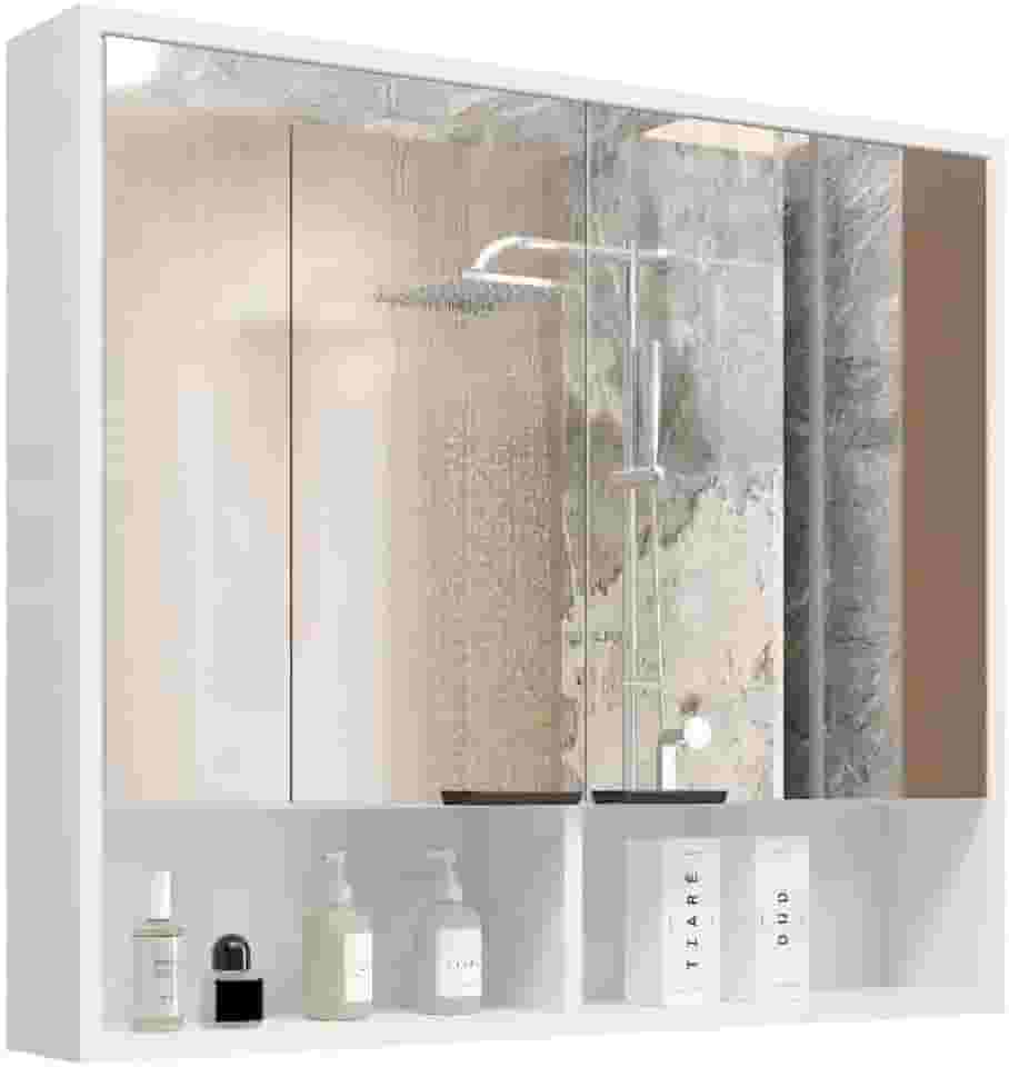 Armário de Banheiro Aéreo 2 Portas Com Espelho Espelheira Com Nicho Aquiles (Branco Flexcollor Nature)