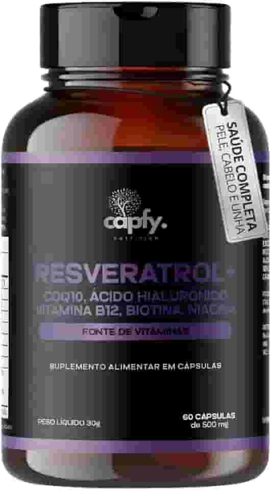 Trans Resveratrol Plus 165mg + Coenzima Q10 + Ácido Hialurônico + Biotina + Vitamina B12 + Niacina + Zinco 60 Cápsulas Premium Capfy Nutrition Suplemento Antienvelhecimento para Saúde da Pele Cabelo Unha