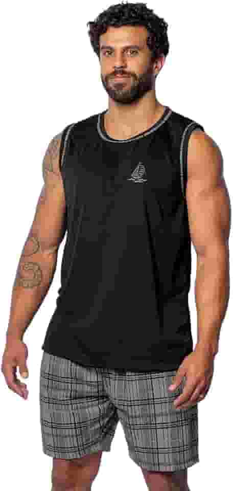 Pijama Masculino Verão, Regata com Short Xadrez Estampado, Conjunto para Dormir