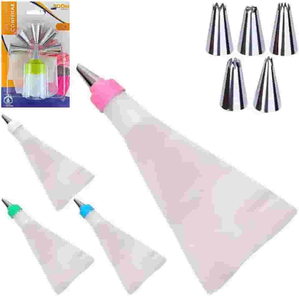 Jogo de Confeiteiro com 6 Bicos Diferentes + Saco de Silicone e Adaptador Matriz