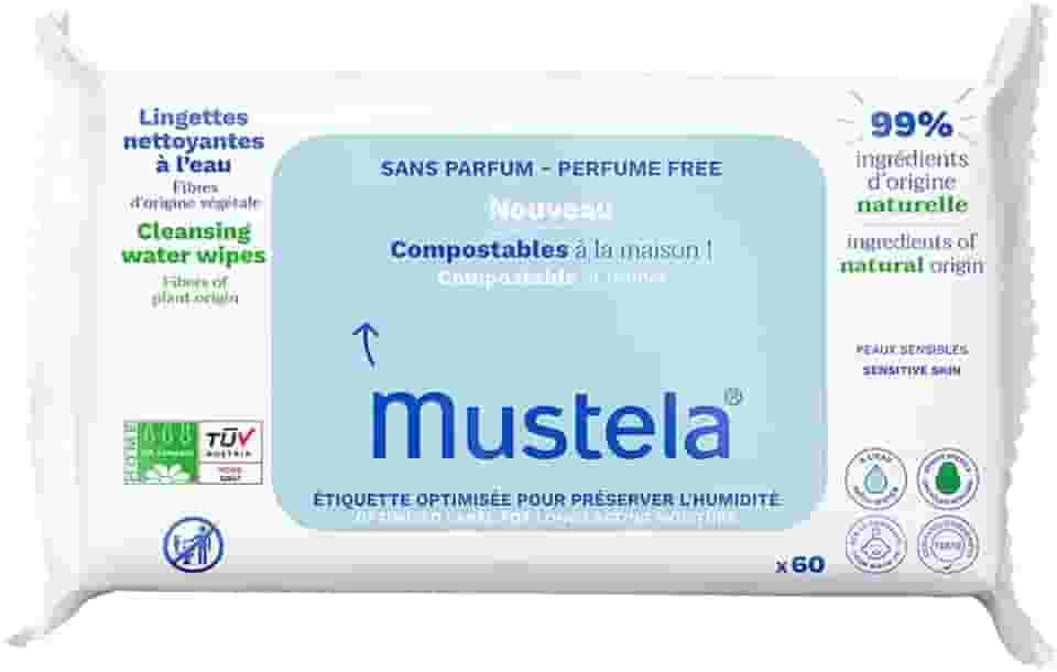 Mustela Toalhas Umedecidas Compostáveis Sem Perfume 60 Unidades - Feito com 99% de Ingredientes Naturais - Lenços Umedecidos sem fragrância Mustela Bebê e Criança